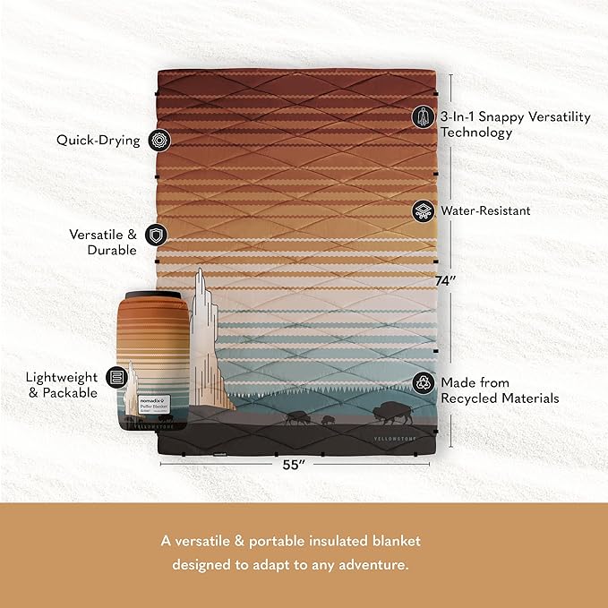 Nomadix Yellowstone Puffer Blanket – Water-Resistant Eco-Friendly Insulated Blanket with Snaps for Camping Beach and Travel Made from Recycled Materials