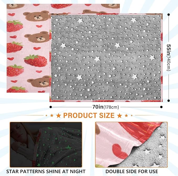 Throw Blanket Soft Cute Cartoon Brown Bear Strawberry Teen Girl Throw Blanket 50'' x 70''