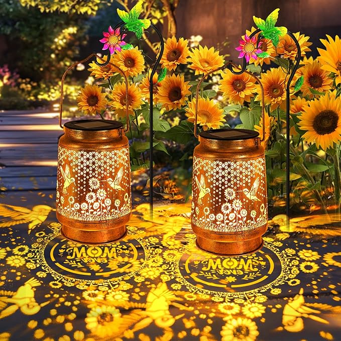 2 Pack Hummingbird Solar Lanterns Outdoor Garden Decor Gifts for Women Mom Grandma Birthday Hanging Metal Solar Lights Waterproof LED Decoration with Shepherd Hook Outside for Yard Patio Lawn Porch