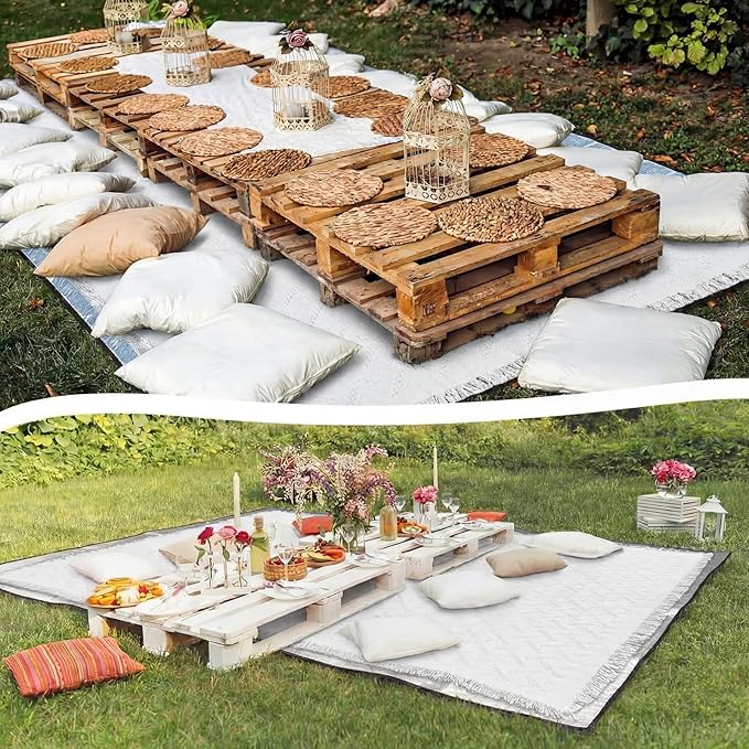 110×134'' Extra Large Outdoor Picnic Blanket with Waterproof Mat Oversize Beach Woven Cotton Yarn Blanket with Fringe Machine Washable Sandproof Portable for Spring Summer Camping Beach Park