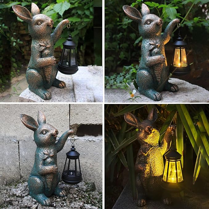 Solar Garden Statues -Rabbit Lantern Outdoor Handmade Resin Statue with LED Light Cute Carrot Holder for Patio Yard Gift Ideas (rabbit2)