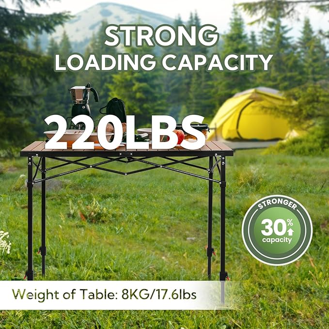 Portable Outdoor Adjustable Height Camping Table Large for 2-6 Person Foldable Roll-up Aluminum Camp Table with Carry Bag for Picnic Camp Sturdy Stable Loads 220 Lbs