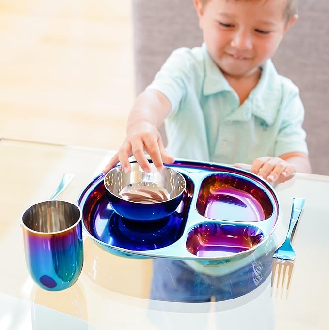 Ahimsa Stainless Steel Kids Dinnerware Set Pediatrician Designed 5 Piece Toddler Plates and Bowls Set Stainless Steel Divided Plate Cup and Kids Utensils Blue