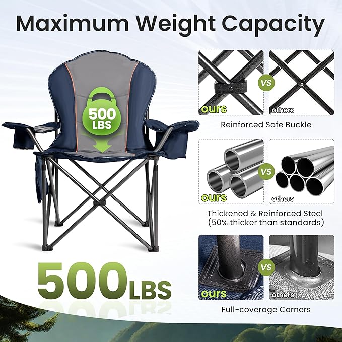 Folding Camping Chairs for Adults - High Back Padded Outdoor Lawn Chairs with Lumbar Support &amp Cup Holder (Blue &amp Gray 1 Pack)