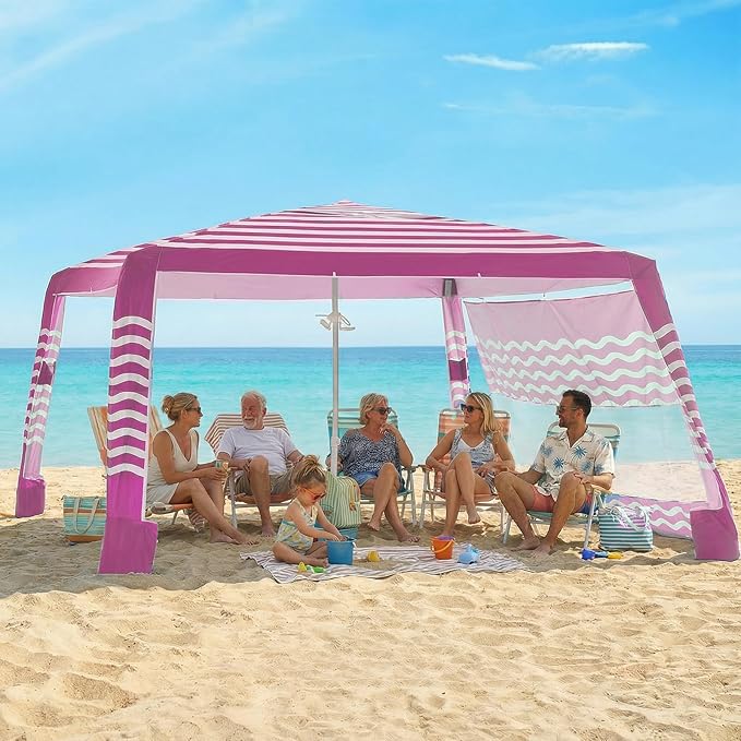 Zeraty Beach Cabana 8'×8' Portable Beach Canopy with Side Wall Easy Pop Up UPF 50+ Silver-Coated Beach Tent Sun Shelter Wind Resistant Adjustable Height Beach Umbrella Tent for Family Pink