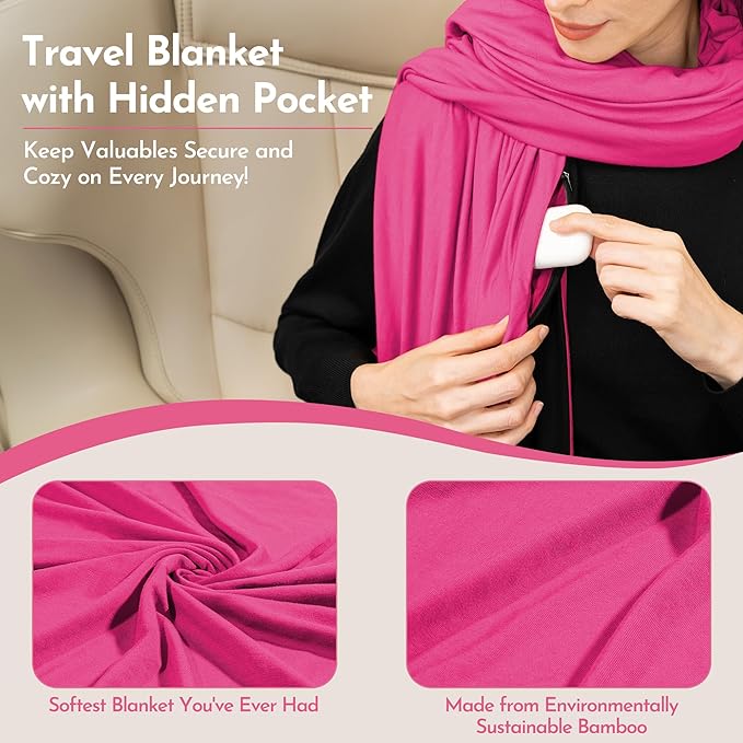 16-in-1 Compact Travel Blanket with Bag – Reversible Ultra Soft Bamboo Airplane Blanket with Hidden Pocket – Packable for Flights &amp Travel Essentials (Semi-Weighted Double Layer)