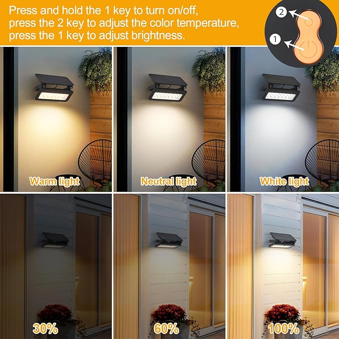 Solar Lights Outdoor Waterproof with Motion Sensor Foldable LED Wall Spotlight Touch Control Adjustable Color Temperature Brightness 1200LM 8W Dusk to Dawn Floodlights for Garage Fence