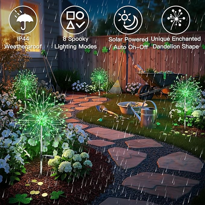 suddus St. Patrick's Day Decorations Solar Firework Lights - 150 LED Green Outdoor Garden Lights 8 Modes DIY Sparkler Lights Waterproof Solar Stake Lights for Yard Pathway Flowerbed Decor (2 Pack)