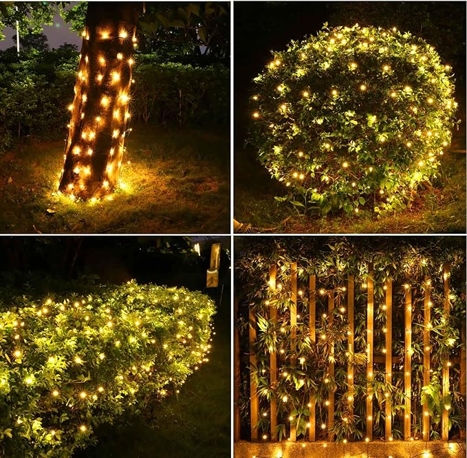 6Ftx4Ft LED Christmas Net Lights Green WireConnectable UL Certified Waterptoof Net Lights for Bushes Trees Shurb Garden Outdoor Christmas Decorations (Warm White)