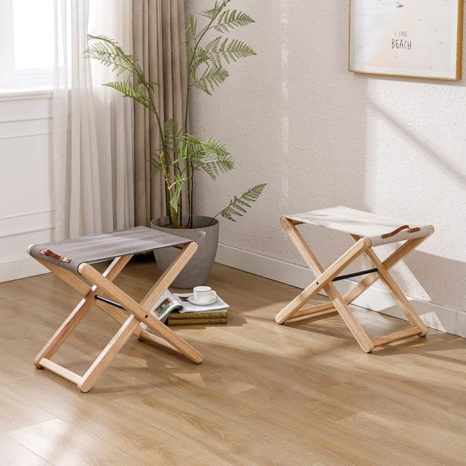 Wood Folding Camping Stools Set of 2 18.5 Hardwood Portable Fishing Folding Stool with Heavy Duty Metal Support Canvas Camp Stool Foldable Footstool for Outdoor Hiking Picnic BBQ Beige