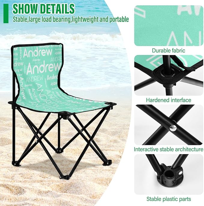 Sinestour Teal Custom Folding Camping Chair for Teen Child Personalized Name 14.6×14.6in Portable Outdoor Chair with Carry Bag for Travel Hiking Lawn