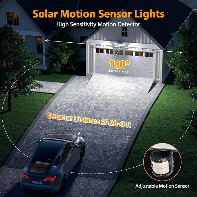 Onforu 4500LM Solar Lights Outdoor 3 Heads Security Lights with Remote Control IP65 Waterproof Motion Sensor Lights 3 Modes Flood Lights for Wall Porch Yard Outside 2 Pack