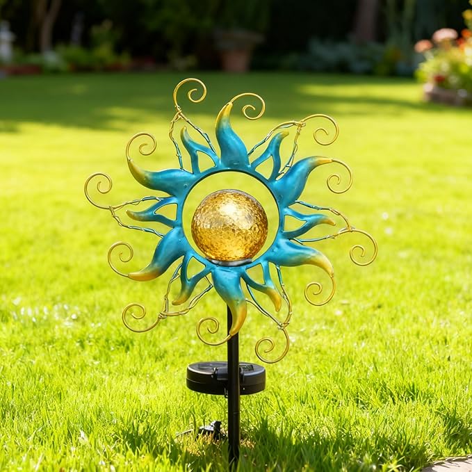 Solar Lights Outdoor Garden Decor Blue Metal Sun Crackle Glass Globe Stake Waterproof 30LED Decorations Unique Gifts for WomenMomOutside PatioLawnYardPathway