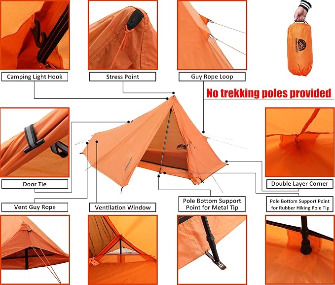 1 Person Trekking Pole Tent for Backpacking - Ultralight Backpacking Tent Waterproof Hiking Tent for Camping Lightweight Camping Tent for Scouts Trekker(NO Trekking Poles)