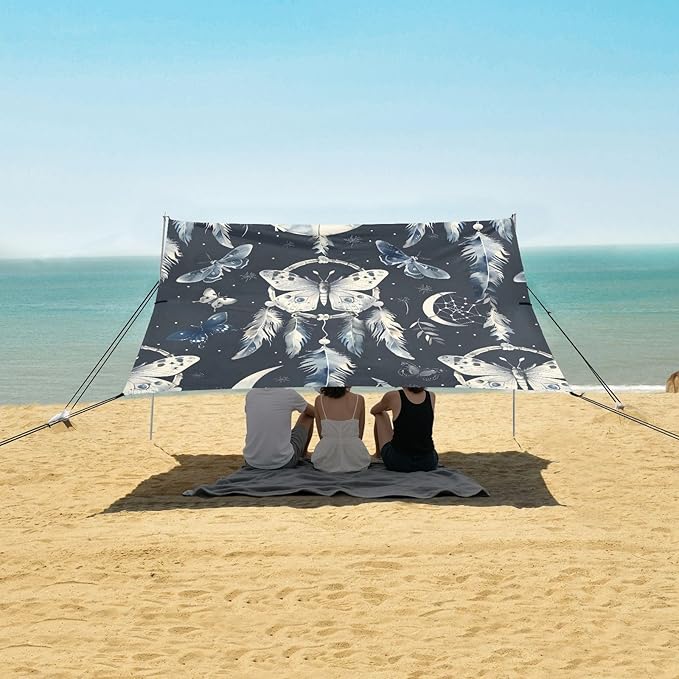 ALAZA Dreamcatcher Butterfly Beach Tent Sun Shelter UPF50+ Protection Beach Shade Canopy w/ 4 Sandbags for Outdoor Camping Fishing Backyard Fun Picnic 10x9 ft