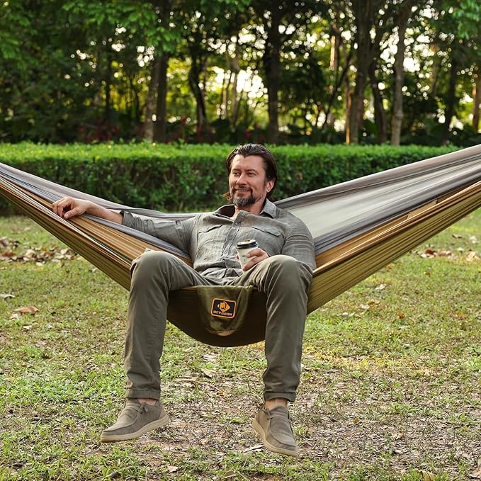 Camping Hammock Portable Hammocks with Mosquito NetLightweight Nylon Parachute Hammock with 10ft Tree StrapsCamping Gear Must Haves for Travel Hiking Backpacking Beach Patio-Green&ampKhaki