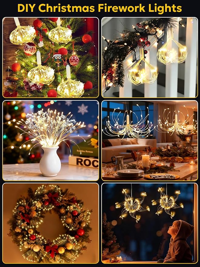FOOING 8 Pack Firework Lights LED Hanging Christmas Lights 8 Modes USB Rechargeable Battery Operated Fairy Light with Remote Twinkle Star String Lights for Party Christmas Decoration Outdoor Indoor