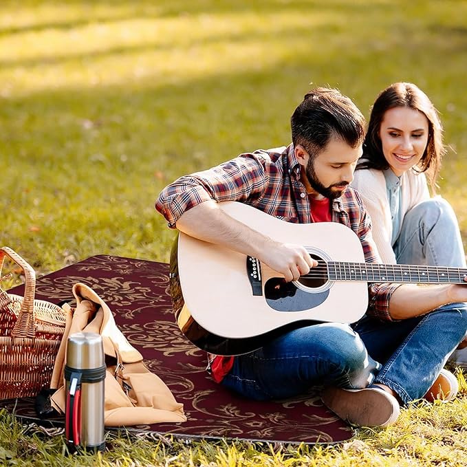 Flower Maroon Gold Floral Classy Burgundy Antique Waterproof Outdoor Picnic Blanket Sandproof Beach Mat for Camping Hiking Grass Travelling