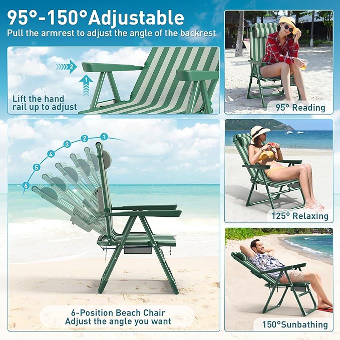 Suteck Backpack Beach Chair for Adults - 6-Position Folding Reclining Chair with Cooler Bag &amp Cup Holder Lightweight Portable Beach Chair for Camping Outdoor Sand Travel Use