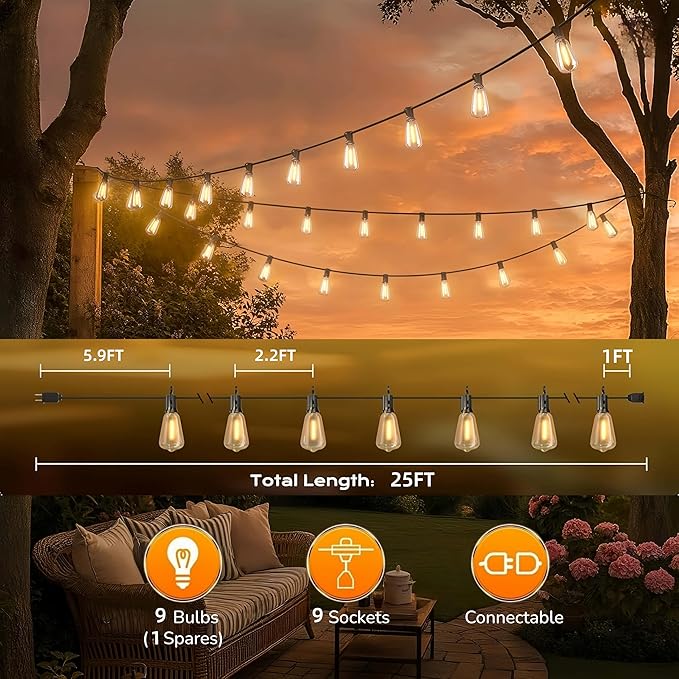 GPATIO Outdoor String Lights 25FT Shatterproof Patio Lights IP65 Waterproof Dimmable Outside Hanging Light Connectable LED Outdoor Lights for Backyard Porch Deck Balcony Garden Home Decor