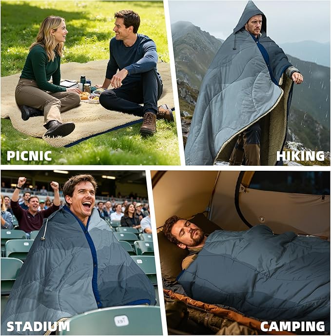 Outdoor Camping Blanket with Sherpa Lining Extra Warm Thick Camp Blankets and Puffy Ultralight Soft Poncho DWR Camping Quilt for Cold Weather Adventure Sleeping Backpacking 78x 56