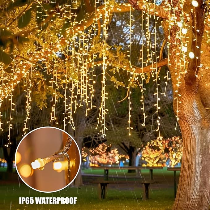 Brightown Cluster Icicle Lights Outdoor 40FT 1200 LED Icicle Christmas Light with 60 Drop12 Modes Cluster Lights with Timer Waterproof Firecracker Christmas Light Outdoor Warm White