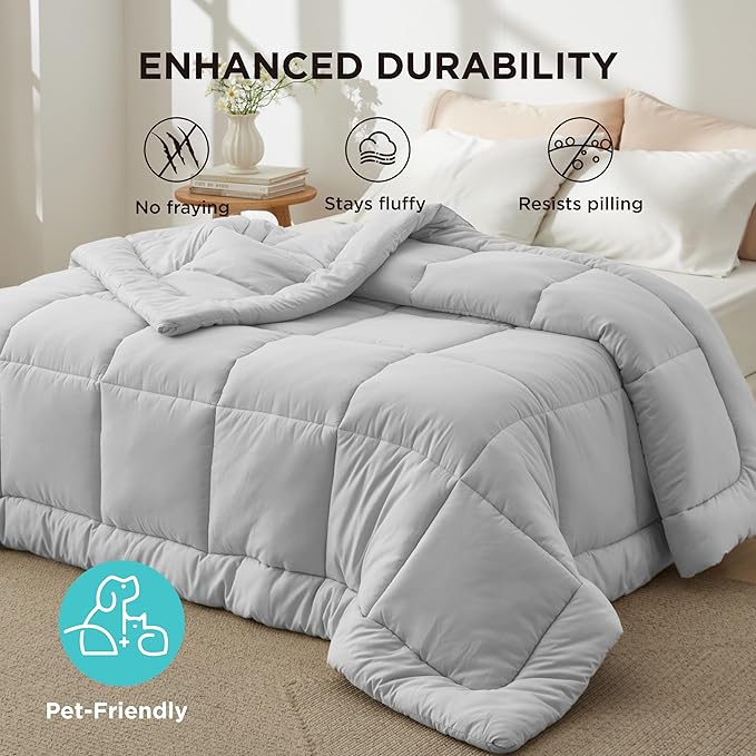 Bedsure Comforter Duvet Insert - Quilted Comforters Queen Plus Size All Season Duvet GentleSoft Down Alternative Bedding with 8 Tabs Gifts for Women/MenLight GreyQueen Plus 90 x 90 Inches