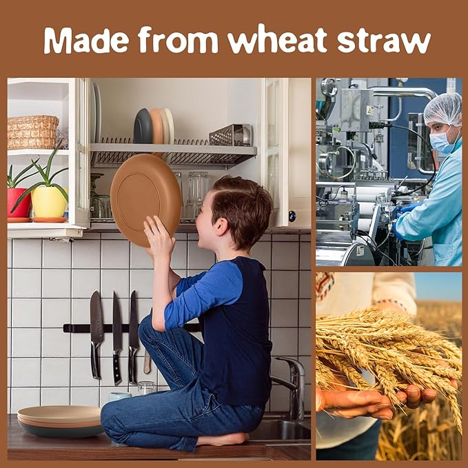 Teivio 32-Piece Kitchen Plastic Wheat Straw Dinnerware Set Service for 8 Unbreakable Plates Bowls and Cups Set Farmhouse Outdoor Camping Dishes for Rustic Life/Country/Vintage Saddle Ombre