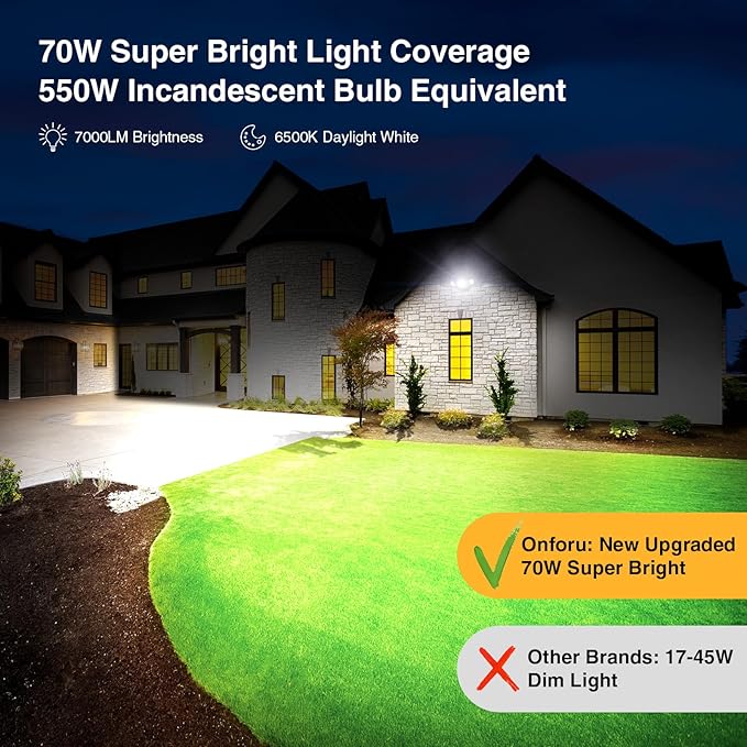 Onforu 70W LED Dusk to Dawn Flood Lights 7000LM Brown Exterior Security Outdoor LightingIP65 Waterproof Outdoor 3 Adjustable Heads Photocell Light Fixture6500K Floodlight for GaragePatioYard