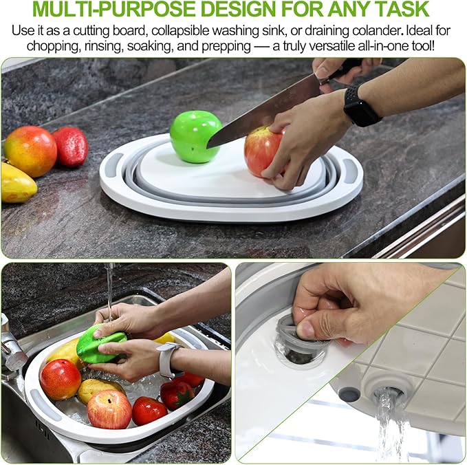 8 L Collapsible Wash Basin/Cutting Board Foldable BBQ Prep Tub Portable Sink Dish Basin with Drain
