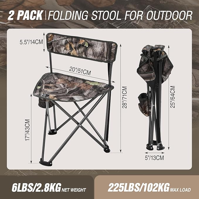 REDCAMP 2 Pack Tall Tripod Chairs for Adults Folding Lightweight Portable Golf Chairs for Spectators Compact 3 Legged Tripod Stools Seat with Backrest for Camping Fishing Hunting Camo