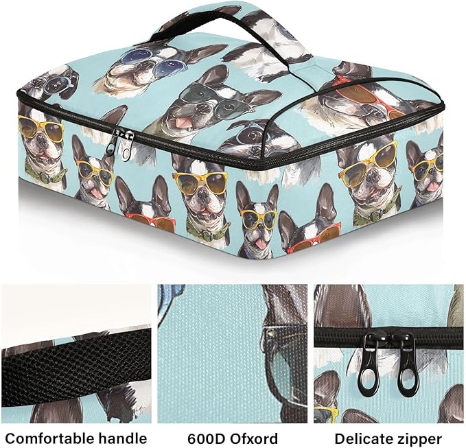 Casserole Carrier Dog Wearing GlassesInsulated Casserole Carrier for Hot or Cold Food Thermal Lunch Tote for Potluck Parties Picnic Beach Fits 9 x 13 Inches Baking Dish