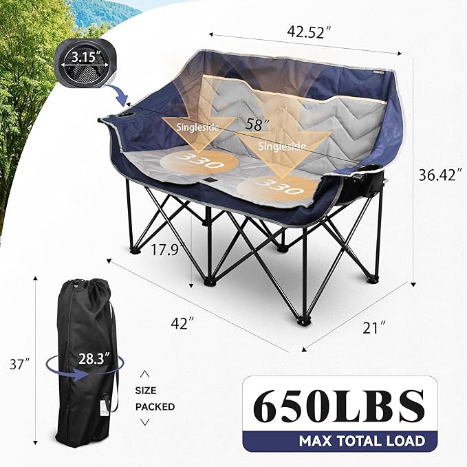 Double Camping Chair Padded Loveseat Camping Couch Oversized 2 Person Camp Chairs with Carry BagHeavy Duty Folding Lawn Chair for Adults Portable Outdoor Folding Sofa for Patio Backyard Blue