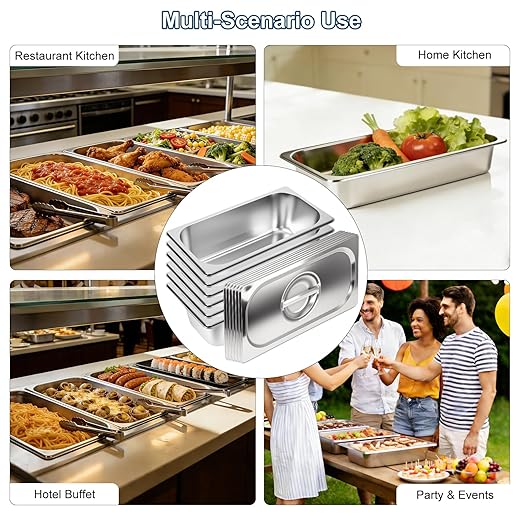 6 Pack 1/3 Size Hotel Pans 4 Inch Deep with Lids Stainless Steel Steam Table Pan with Lids Commercial Food Pans for Hotel Home Restaurant Catering Buffet Pan