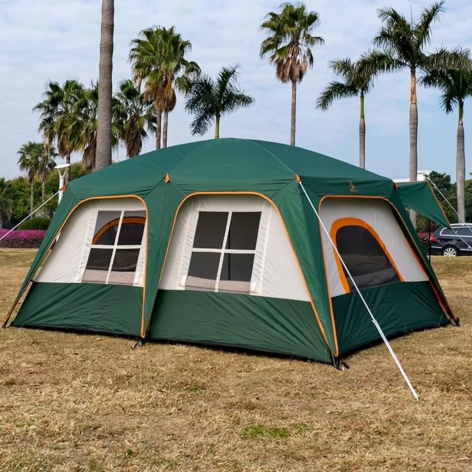 KTT Extra Large Tent 8-10-12 PersonFamily Cabin Tents2 Rooms3 Doors and 3 Windows with MeshStraight WallWaterproofDouble LayerBig Tents for OutdoorPicnicCampingFamily Gathering