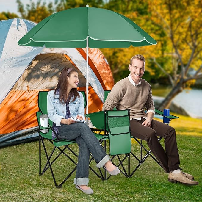 COSTWAY Double Portable Picnic Chairs Folding Camping Chairs w/Detachable Umbrella Cooler Bag Cup Holders Patio Beach Camping Chairs for Outdoors Green