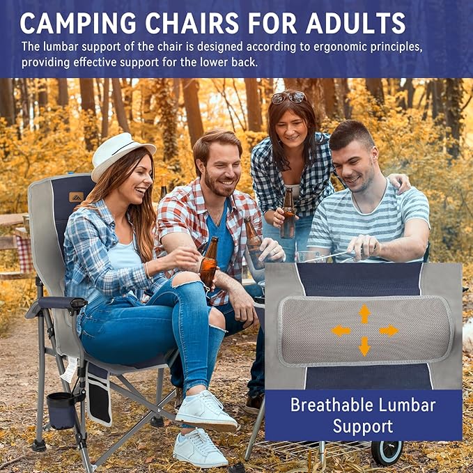 Ablazer Camping Chairs for Adults Support 350 LBS Folding Chairs for Outside Lawn Chairs Heavy Duty with Cooler Bag &amp Cup Holder (Blue &amp Grey)