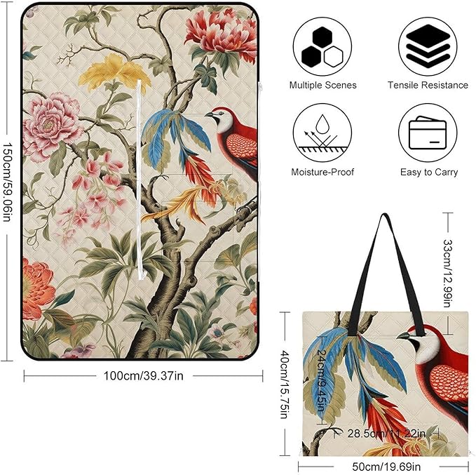 Zipper Flowers and Birds Style Picnic Mat Suitable for Travel Camping Park Or Home Use