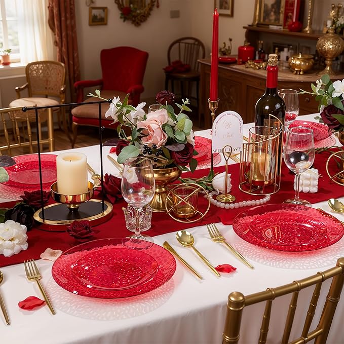 Rubtlamp 60 Pcs Red Plasitc Plates Heavy Duty DisposableClear Red Disposable Plates Hammered Plastic plates Include 30 Dessert Platos 30 Dinner Platos for Party