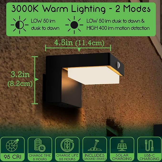 Square Solar Wall Lights - Solar Powered Wall Lamps - LED Lights - PIR Sensor &amp Two Lighting Modes - Rechargeable Battery Lasts Up to 55 Hours - 3000K - IP44 Weather Resistant - 2 Pack