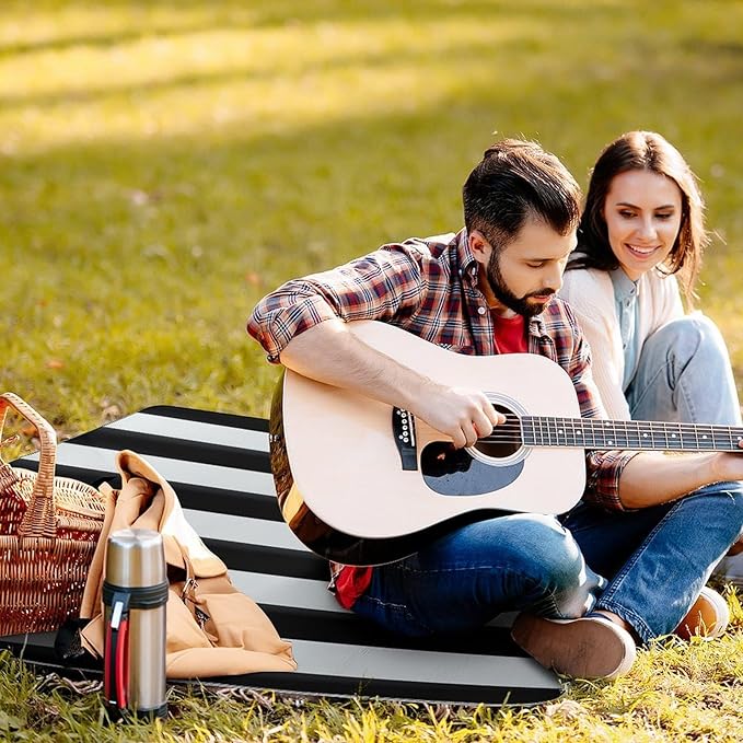 Black and-White Stripes Beach BlanketPortable Waterproof Picnic Blanket58.3''x 58.3'' Extra Large Picnic Mat for BeachCamping Grass Lawn Park Accessorie for Festival BBQ