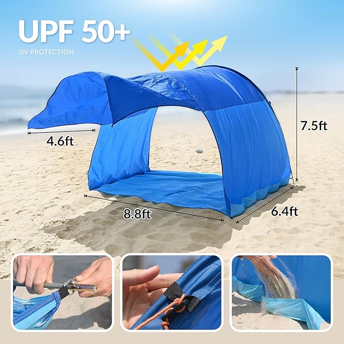 Beach Shade The Classic Wind-Supported Beach Canopy with UPF 50+ Protection 7.5ft Tall Portable &amp Easy Setup for 3-6 People