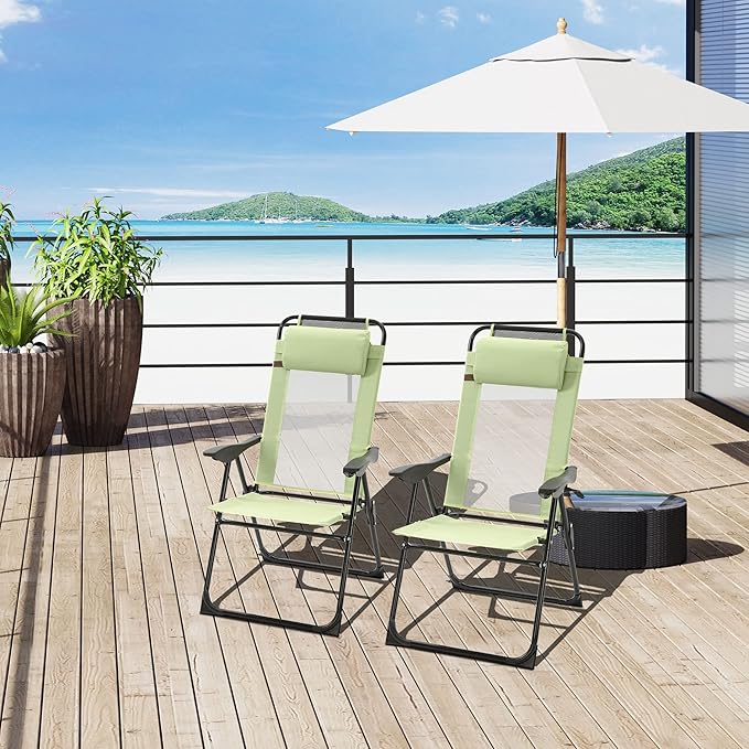 Folding Patio Chairs Set of 2 Outdoor Deck Chair with Adjustable Sling Back Camping Chair with Removable Headrest for Garden Backyard Lawn (Green)