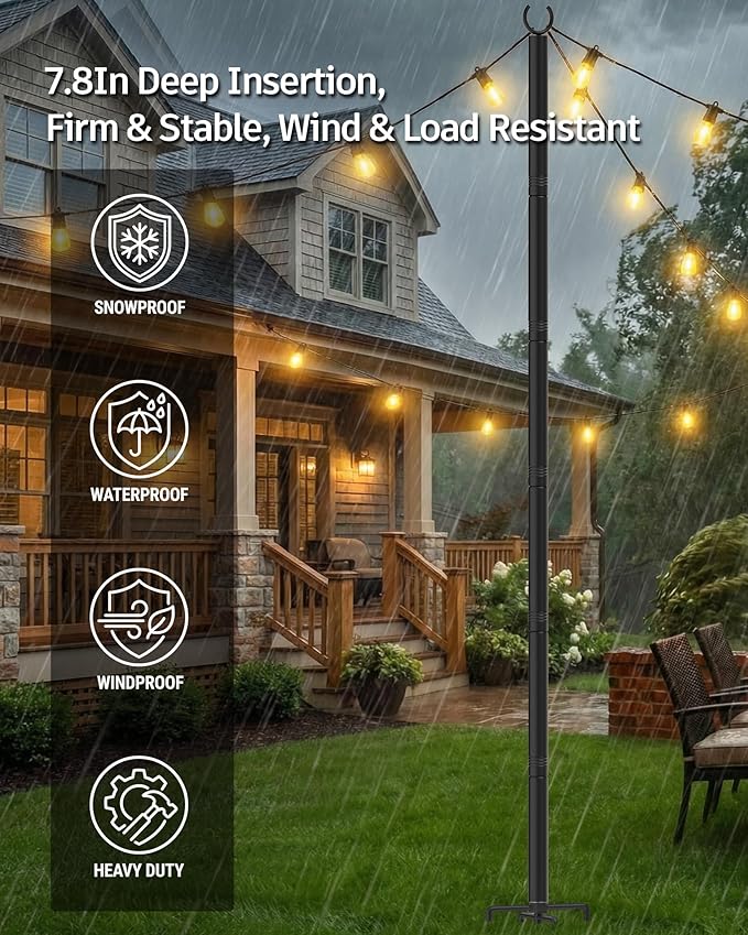 LAND·VOI Outdoor String Light Poles 4 Pack Heavy Duty String Light Poles for Outside with 5-Prong Base &amp Adjustable Height Perfect for Backyard Patio Garden Fence and Party Decor