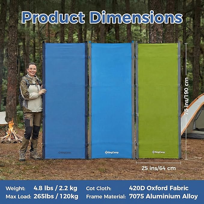 KingCamp Ultralight Camping Cot Portable Folding Tent Camping Cot 265 Lbs Heavy Duty Sleeping Cot with Pillow for Adults Outdoor Backpacking Travel Hiking Blue/Black