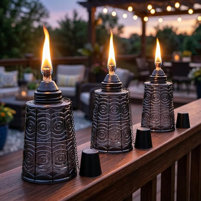 Seraphic Citronella Table Top Torches for Outdoor Patio 16oz Decorative Glass Torch Citronella Candles for Outside Deck Garden Parties Set of 3 Black