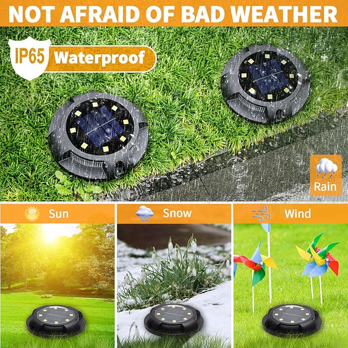 Solar Ground Lights 8 Pack 12 LED Solar Disk Lights Outdoor Waterproof In-Ground Landscape Lighting for Garden Pathway Yard Lawn Patio Deck Driveway Walkway Outside Decor (Warm White)