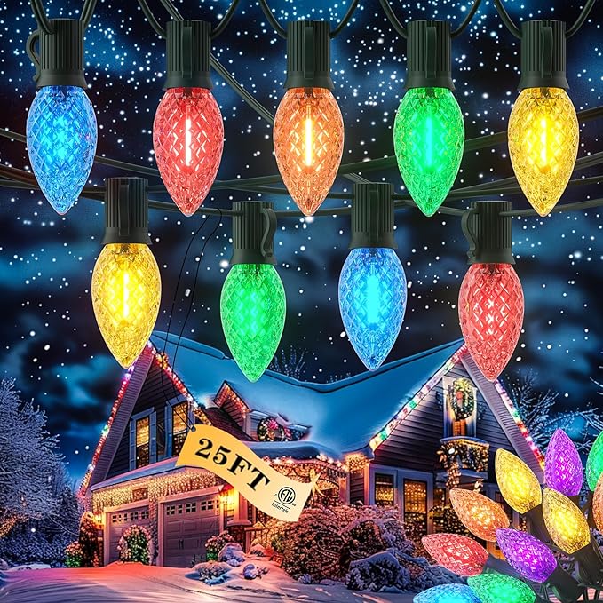 Kawaya Outdoor Christmas C9 LED String Lights - 25ft 25 Bulbs Multi Colored Indoor Decorations IP65 Commercial Waterproof for Tree Outside Roof House Walkway Pathway