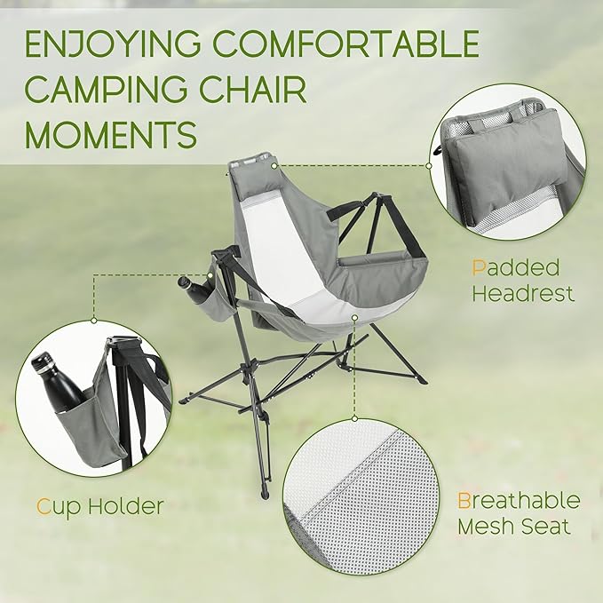 Hammock Folding Camping Chair - Outdoor Portable Swing Camp Chairs with Stand Adults Rocking Swinging Chair for Beach Lawn Patio (Grey)