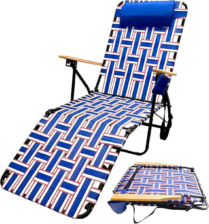 Webbing Patio Lounger Steel Chaise Lawn Chair Foldable Outdoor Great for Patio Camping Backyard Pool Wood Handles 1 Pack Red White Blue